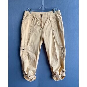 Chicos Women's Size 2  Yellow Capri Pants Cargo Pockets Roll Tab‎ Coastal Boho